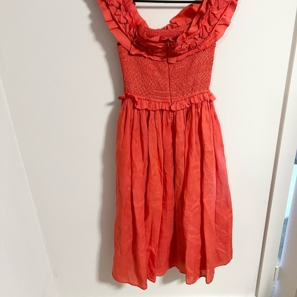 Sea NY Frida coral red smocked ruffle rosette off shoulder midi dress cotton - Picture 12 of 14